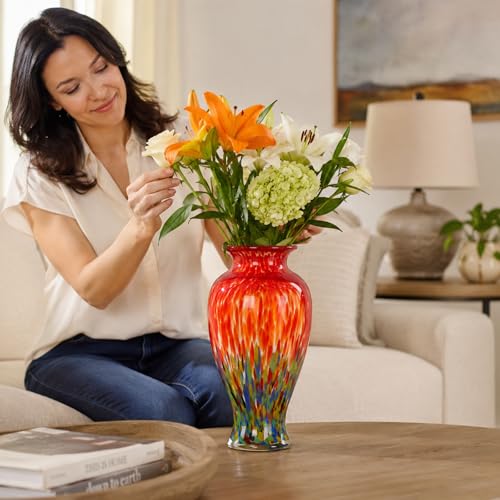 olirum 11.8" Tall Hand Blown Red Art Glass Vase, Colorful Speckled Opaque Vase for Flowers, Table Centerpiece Decor, Living Room Dining Table, Shelf Mantel Display (Red) - color: Red