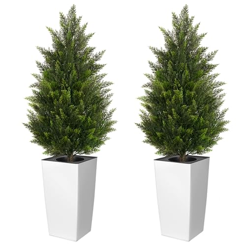 4FT Tall 2 Pack Artificial Cedar Topiary Trees with Compact Pyramidal Shape, Realistic Faux Cypress in Square White Pot with Fillable Water Bag, Outdoor Evergreen for Front Porch Garden Home Decor - color: White-pyramid Topiary, size: 4ft-2pack