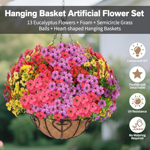 2 Sets Artificial Hanging Flower for Outdoors, Fake Hanging Basket for Outside,2 Hanging Basket with 26 Pcs Faux Silk Flowers for Porch, Balcony and Patio Decor(Mixed) - color: Mixed, size: Hanging Artificial Flower(2 Pcs)