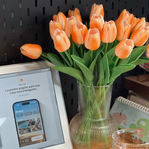 20PCS Artificial Tulip Flowers - 13.5" Real Touch Fake PU Tulips Bouquet Faux Spring Flowers (Champagne) - color: Champagne