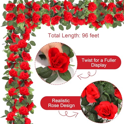 Aneco 12 Pack 96 FT Red Flower Garland Kentucky Artificial Rose Vines Derby Roses Fake Vine Flowers Plants Party Supplies for Kentucky Holiday Wedding Garden Craft Art Decoration - color: Red