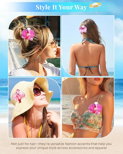 Mesovor 3 Pack Hawaiian Flower Hair Clips, Artificial Tropical Flower Orchid Hair Pin | Rhinestone Hairpins Hair Accessories for Wedding Bridal Beach Party (Pink Moth Orchid) - color: Pink Moth Orchid