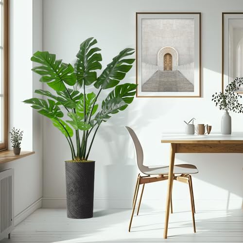 Artificial Tree in Geometric Spiral Pattern Planter, Fake Monstera Silk Tree for Indoor and Outdoor Home Decoration - 65" Overall Tall (Plant Pot Plus Tree) - style: Monstera Plant