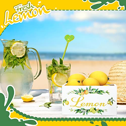 Yulejo Summer Lemon Tiered Tray Decor, Farmhouse Mini Wooden Crate with 8 Pcs Fake Lemons, Lemonade Decorative Box Rustic Table Centerpiece for Kitchen Home Shelf Party Decorations