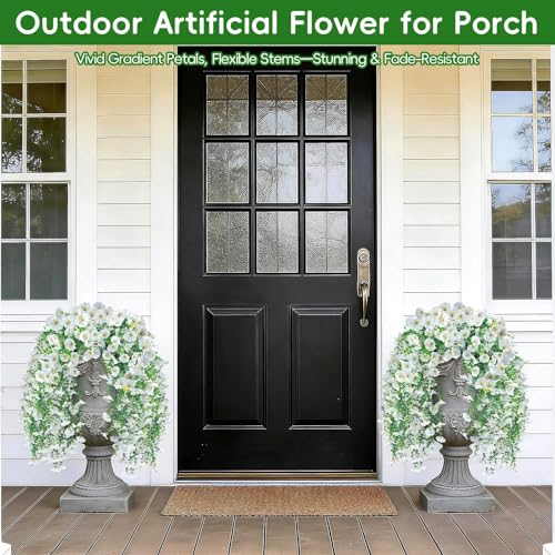Artificial Hanging Flowers for Outdoors, 4Pcs UV Resistant Artificial Hanging Morning Glory Flowers, Spring Realistic Faux Outdoor Flower for Porch Patio Yard Garden Farmhouse Decor (White - color: White