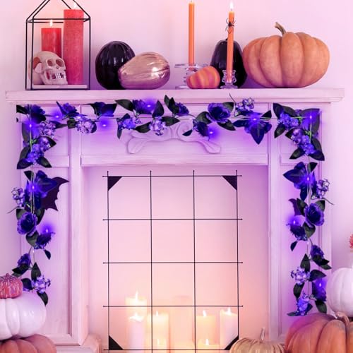 Ochine Halloween Flower Garland Decorations Rose Vines with Purple LED Light, 79 Inch Halloween Red Rose Vine Fake Floral Wall Hanging Ornaments for Halloween Decorations Wedding Home Decor