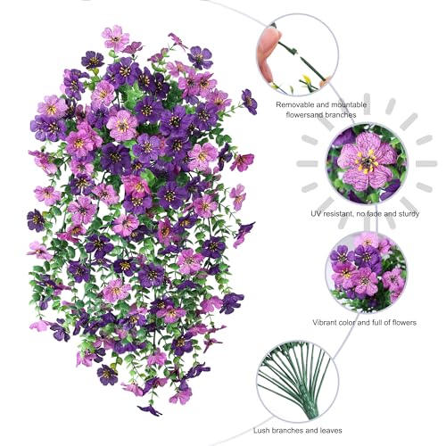 HyeFlora Artificial Flowers for Outdoors Decoration, 2Pcs Dark Purple and Purple Fake Hanging Flowers, UV & Fading Resistant, Faux Decor for Porch Patio Balcony Planter - color: Darkpurple+purple