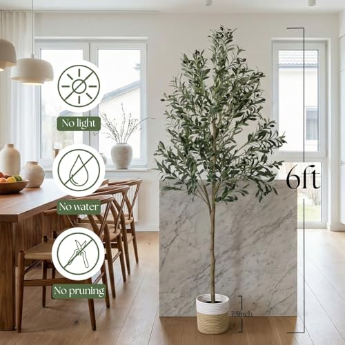 6ft Dense Leaves Artificial Olive Tree with Woven Basket - Realistic Faux Olive Tree for Living Room, Office & Home Decor - Large&Tall Indoor Floor Plant，Aesthetic Silk Plants