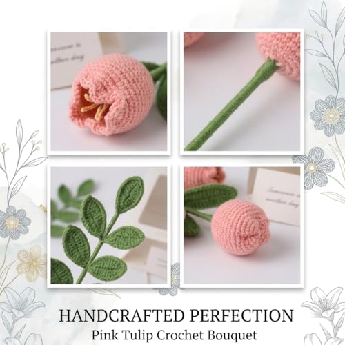 Handmade Crochet Pink Tulip Bouquet, Knitted Eternal Flower Arrangement with Gift Wrap, Pollen-Free Artificial Flowers for Valentine’s Day, Mother’s Day, Graduation, Birthday Gift - color: Pink