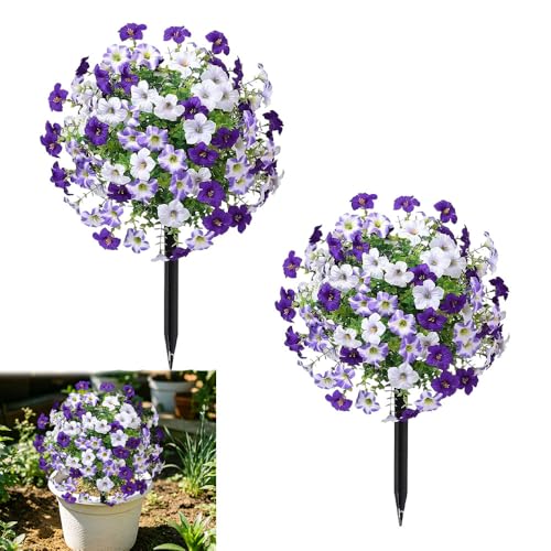 Artificial Petunias with Ground Stake - UV Resistant & Waterproof Faux Flowers for Outdoor Indoor Garden, Yard, Planter, Porch & Home Decor (Style G, 2 Pcs) - color: Style G , 2 Pcs