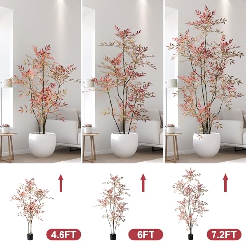 6ft Faux Bamboo Tree Artificial Nandina Tree Artificial Indoor Plants Realistic Fake Potted Tree with 800+ Leaves, Cement Planter - Home Office Decor Perfect for Housewarming Gift Non-Toxic - color: Red, size: 6ft