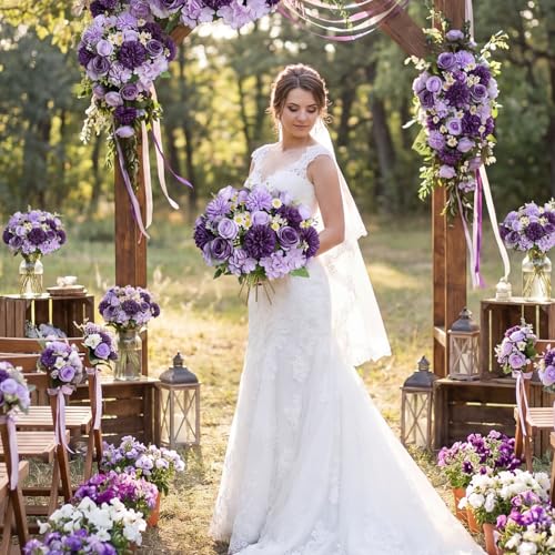 Tigeen 6 Pcs Bundles Artificial Bouquet Flowers Artificial Peonies Faux Roses Hydrangea Flowers Bouquet for Wedding Table Centerpiece Floral Vase Decor (Light Purple,Dark Purple) - color: Light Purple, Dark Purple