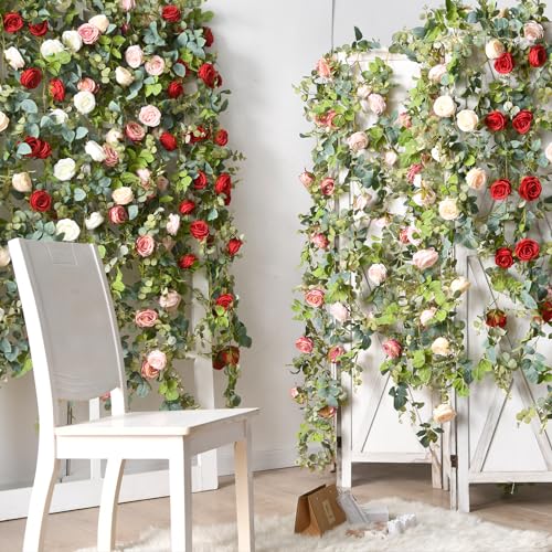 PONKING Flower Garland Artificial Rose Vine Flowers Hanging Fake Roses Vines for Wedding Birthday Party Valentines Christmas Room Wall Arch Decor, 2 Light Pink Floral Garland, High Realistic - color: High Realistic Flower Light Pink Vines 5.4ft