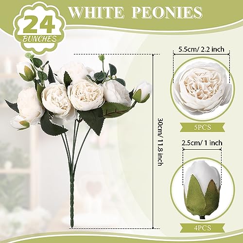 Hoteam 24 Bundles Artificial Peonies Flowers Wedding Faux Flowers Silk Peony Bouquet Bulk Bride Fake Florals Arrangements for Table Centerpieces Wedding Party Vase Decor (White) - color: White