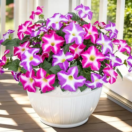 Artificial Flowers for Outdoors, 4 Pcs Realistic Fake Flowers Petunias UV Resistant Silk Morning Glory Faux Plants for Outdoor Planters Balcony Yard Window Box Porch Garden Home Outside Decor - color: Fuchsia