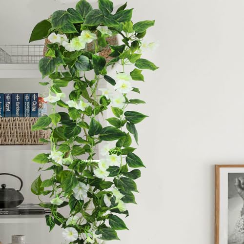 CISDUEO 2 Pcs Artificial Vines Silk Morning Glory Vines for Outdoor 15Feet Hanging Plants Garland White Fake Green Plant Morning Glories for Home Decor Wall Fence Stairway Wedding Hanging Baskets - color: White