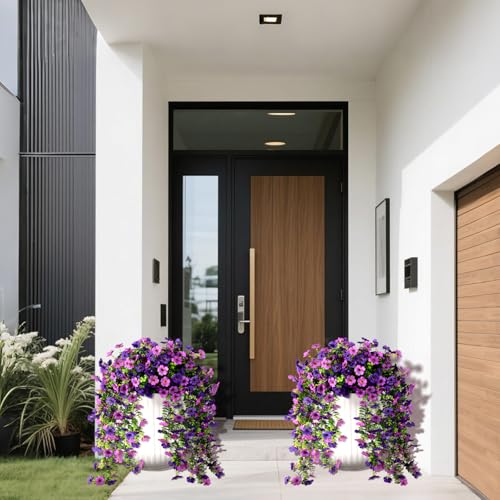 Artificial Hanging Flowers Plants for Outdoors, 2 PCS UV Resistant Faux Silk Daisy(132 Branches Per Bundle), Home Garden Balcony Yard Porch Decor(Double Purple) - color: Double Purple