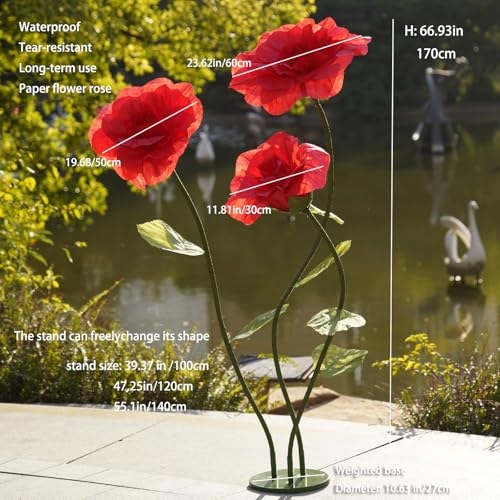 Giant Roses Artificial Flowers for Decoration with Stand,Oversized Handmade Paper Rose Decoration for Wedding,Party,Window Display,Photography Prop,Valentine’s Day & Event Decor(red) - color: Red