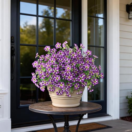 VIERENA 2 Set of Artificial Morning Glory & Eucalyptus Topiary Trees - Faux Silk Flower Potted Plants, UV-Resistant Fake Outdoor Morning Glory Bushes for Front Door, Farmhouse, Garden Decor (Purple) - color: Purple