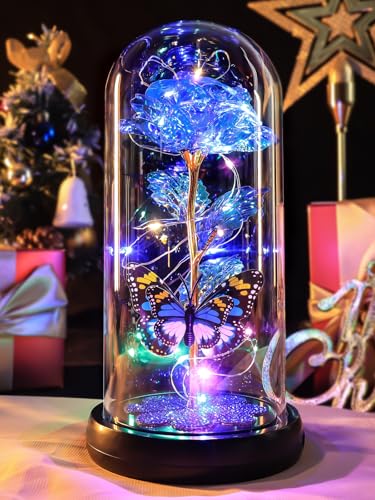 Mothers Day Rose Gifts for Mom Birthday Gift for Women, Rechargeable Galaxy Glass Rose in Glass Dome Crystal Eternal Roses Butterfly Mother's Day Flowers Gifts for Women Mom Wife Grandma Daughter Blue - color: USB-C Blue