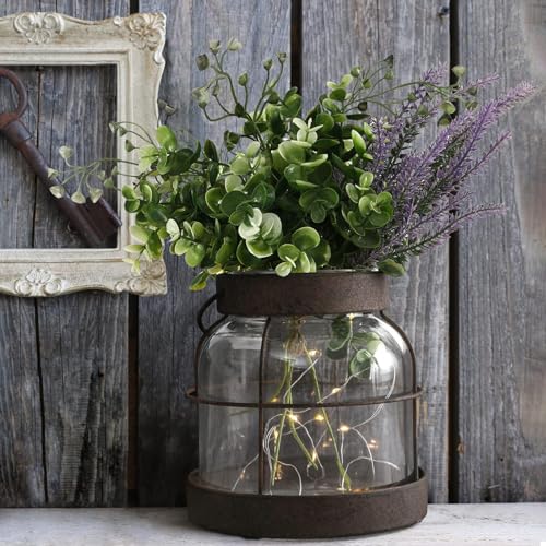 Vintage Glass Farmhouse Vase, Rustic Lantern Decor with Plants Lavenders Lights Vintage Style Vase for Home Decor Floral Arrangement Housewarming Hostess Gift - color: Vase+greenery+light+lavender