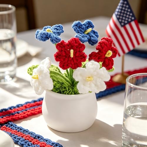 Crochet Flowers for Memorial Day Decorations American 4th of July Patriotic Decor Home Room Dorm Office Desk Accessories Red White Blue Flower Gifts for Independence Day Party - color: Red,white,blue