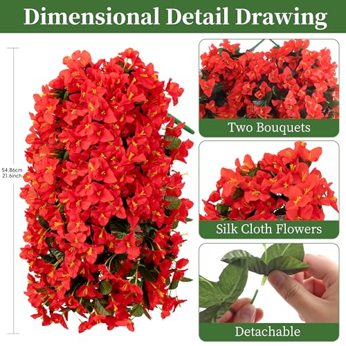 Artificial Bougainvillea Hanging Flowers Plants - 2 PCS faux Bougainvillea artificial flowers with Long Trailing Vines for Outdoor Decoration, Perfect for Porch, Garden, Urn Patio Balcony (Red) - color: Red