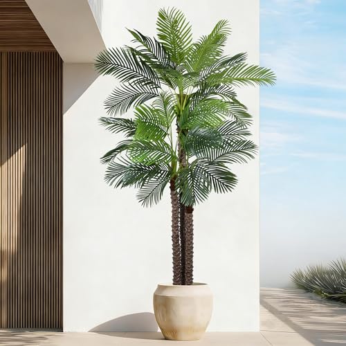 Artificial Triple Phoenix Palm Tree 9ft with 31 Leaves Realistic Tropical Coconut Areca Sago Palm Tall Large Faux Plant 106 Inch Black Pot for Indoor Home Office Porch Mall School Decor - size: 9ft