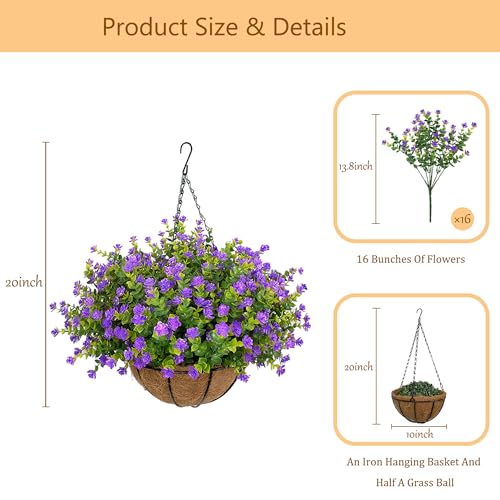 NETAP Artificial Hanging Flowers Basket for Outdoor, 16 Fake Flowers Look Real UV Resistant, Faux Hanging Plants for Porch, Balcony, Patio, Garden, Spring Summer Decor,Purple - color: Purple