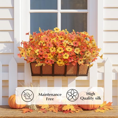 Artificial Mums for Outdoors, 12 Bundles Faux Mums for Outdoor Planters,Uv Resistant Artificial Fake Flowers Plants, Realistic Fall Decor for Porch, Patio, Yard (OrangeYellow) - color: Orangeyellow