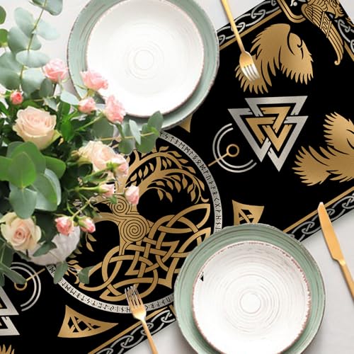 Viking Tree of Life Pagan Dining Table Runner, Vintage Black Gold Raven Birds Celtic Style Nordic Medieval Burlap Kitchen Decoration, Retro Indoor Outdoor Home Decor Party Supply 13 x 48 Inches - color: Viking Tree, size: Table Runner 13''X48''