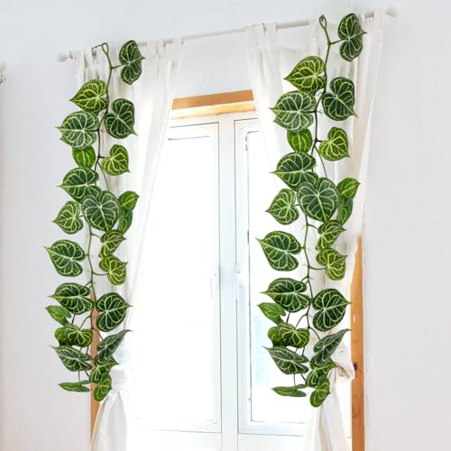 2Pcs Artificial Anthurium Leaves Vines 4ft Fake Hanging Plant Ivy Vines Greenery Garland Faux Tropical Vine Decor for Wall Jungle Luau Beach Birthday Party Indoor Outdoor Home Décor - color: Anthurium Crystallinum