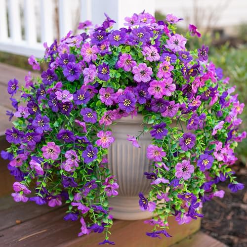 HyeFlora Artificial Flowers for Outdoors Decoration, 2Pcs Dark Purple and Purple Fake Hanging Flowers, UV & Fading Resistant, Faux Decor for Porch Patio Balcony Planter - color: Darkpurple+purple