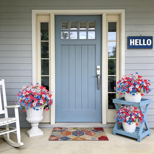 Ammyoo 16 Pcs Artificial Fake Flowers for Outdoor Spring Decoration, Faux Flowers No Fade UV Resistant Silk Flower Plants for Outside Garden Yard Porch Patio Balcony Indoor Decor(Blue White Red) - color: Red White Blue