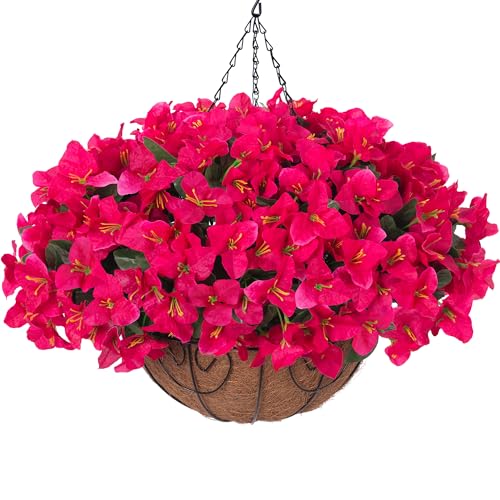 Artificial Fake Hanging Flowers Plants Basket for Outdoors Spring Summer Decoration, Faux Silk Bougainvillea Flowers in Planter UV Resistant Realistic for Outside Porch Patio Garden Yard Home, Hotpink - color: Hotpink