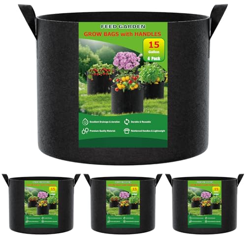FEED GARDEN 15 Gallon Grow Bags 4 Pack – Heavy Duty 300G Thick Fabric Plant Pots with Reinforced Handles, Breathable Drainage Planters for Tomatoes, Potatoes & Large Vegetables Indoor Outdoor - size: 15 Gallon