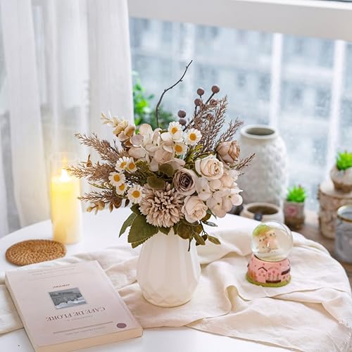 Small Fake Silk Flowers Bouquet with Vase, Faux Centerpieces with Roses, Dandelions, Hydrangea, Daisies, Eucalyptus, Hollyberries - Artificial Floral Arrangements for Home Kitchen Decor - color: Brown With Vase