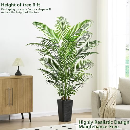 Artificial Palm Tree Indoor, 6FT Fake Floor Plants Large Tropical Silk Plant with Black Square Planter, Faux Areca Palm Plant Artificial Tree in Pot for Home Room Office Outdoor Patio Decor
