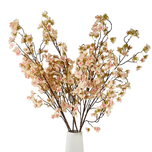 6 Pcs Artificial Cherry Blossom Flower Branches, Realistic Long Stem Silk Cherry Blossom Tree Stems Faux Cherry Flowers Vase Arrangements for Wedding Home Party Garden Decor (Pink) - color: Pink