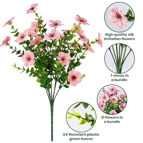 Lnoicy 20 Bundles Artificial Flowers for Outdoor Fake Plants for Spring Decoration,Faux Eucalyptus Flowers for Planter UV Resistant Lifelike for Home Porch Garden（Pink） - color: Pink