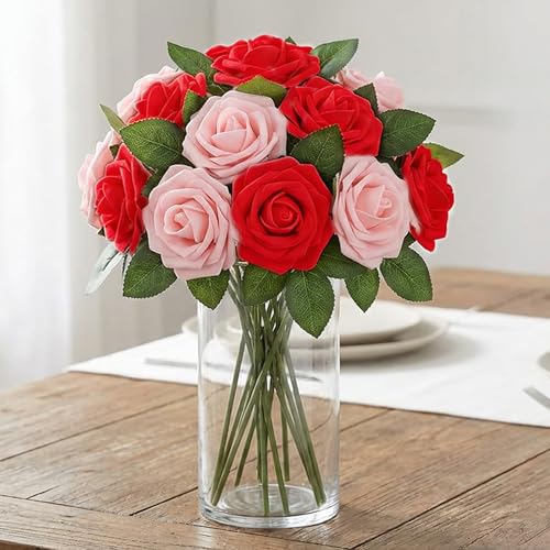 100Pcs Realistic Red Light Pink Artificial Rose Flower Heads, Foam Fake Roses for DIY Wedding Decorations Baby Shower Centerpieces Home Party Valentine's Day Mother's Day Decor - color: 100pcs Red Light Pink Mixed Colors