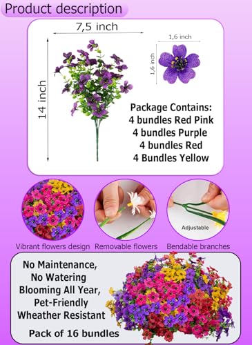 AXYLEX Artificial Flowers for Outdoors Fake Plants - 16 Bundles Faux Outside Greenery Boxwood UV Resistant Plastic Shrubs Decor (Mixed) - color: Mixed, 4 Colors Red Pink Purple Yellow
