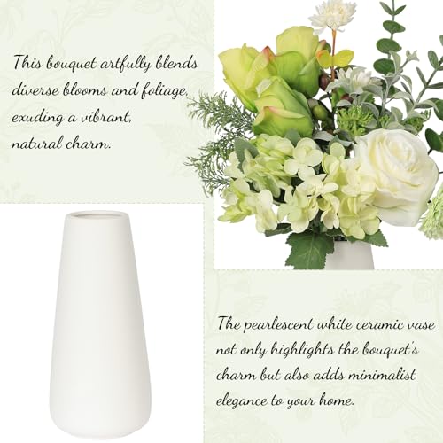 Small Faux Flower Bouquet in White Ceramic Vase (15.75" Tall) - Green & White Artificial Floral Arrangement for Coffee Table Centerpiece, Bathroom & Office Desk Decor - color: Green + Small