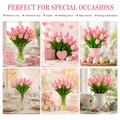 10 Pack Tulips Artificial Flowers PU Faux Flowers Fake Tulips for Home Kitchen Wedding Dining Table Decorations Mother's Day Easter Valentine's Day Decor (Pink) - color: Pink