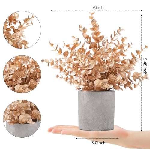 Coferset 2 Pack Gold Eucalyptus Small Fake Plants Potted Artificial Plants for Christmas Decorations Shelf Desk Home Farmhouse Room Coffee Table Bathroom Decor - color: Gold-small