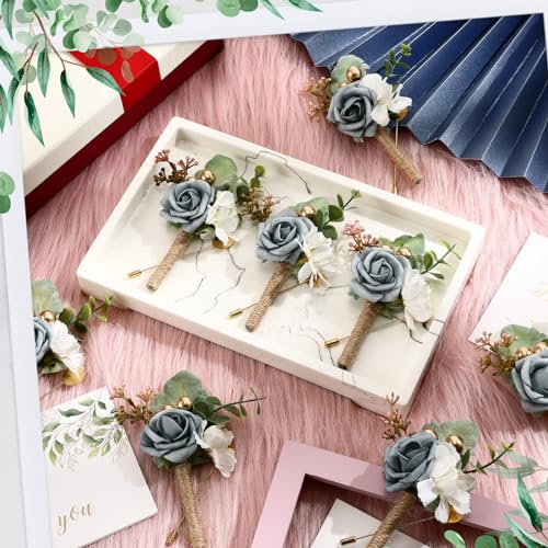 Crowye 16 Pcs Boutonniere for Men Wedding with Pins Set Groom and Groomsmen Ceremony Anniversary Corsage Wedding Flowers Artificial Bouquets for Formal Dinner Party Fall Vintage Prom (Dusty Blue) - color: Dusty Blue