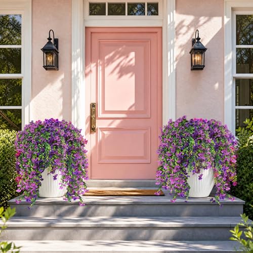 CLEANGOR 12Pcs Artificial Fake Hanging Flowers Plants for Outdoor (3 Color) | UV Resistant Artificial Outdoor Plant, Faux Silk Daisy with Eucalyptus Leaves, for Garden, Porch, Balcony, Yard Decor - color: Mix1(purple+rose Red+dark Purple)