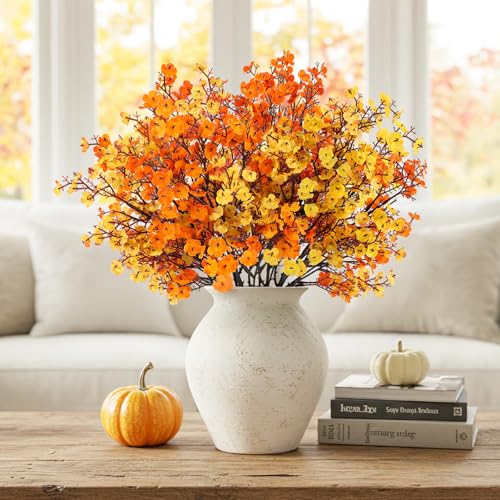 8Pcs Babys Breath Artificial Fake Fall Flowers, Real Touch Orange Yellow Plants Silk Flowers for Vase Home Office Wedding Indoor Outdoor Centerpiece Table Party Autumn Christmas Decorations - color: Orange Yellow, size: 8 Bundles