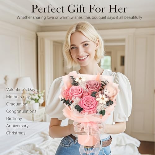 Preserved Flowers Bouquet with Bear, 3 Real Forever Flowers for Delivery, Long-Lasting Pink Eteranl Roses Bouquet, Anniversary Birthday Gifts for Women Mom Her Girlfriend Wife - color: Pink