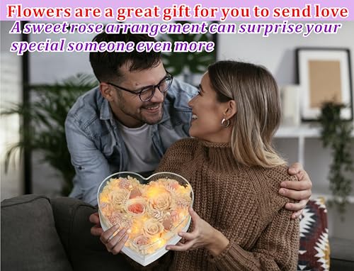 Valley of Rain & Forest Long-Lasting Real Flowers With Delivery | "Sweet" Preserved Floral Gift With Lights For You to Send Love, Romantic Home Decor (Forever Yellow Roses Arrangement) - color: Champagne & Yellow Roses Arrangement